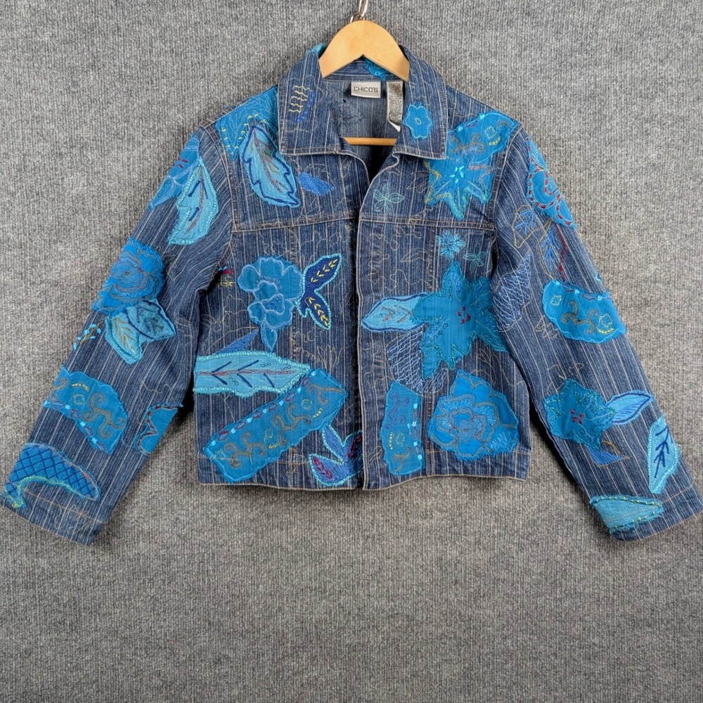 Chicos 1 Blue Floral Applique Embroidered Denim Jacket Pinstripe Artsy